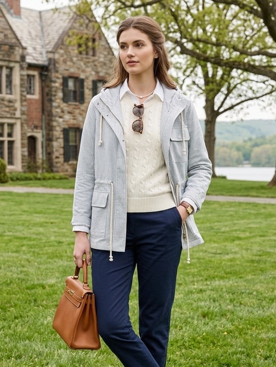 J. Crew Jackets & Blazers - J. Crew Blue White Hickory Stripe Hooded Field Jacket-Coastal Preppy-Size L